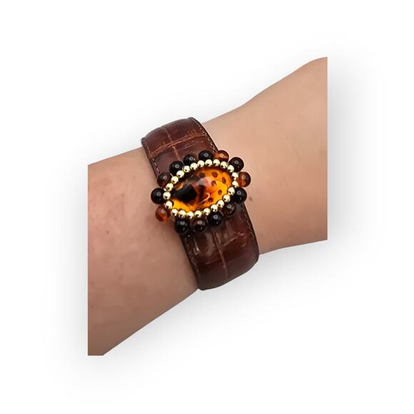 Amber Glass Beaded Center – Brown Faux Leather Wide Cuff Bracelet - Picture 1 of 9